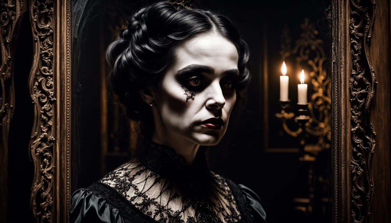 Woman in Sepia-Toned Gothic Mansion, Reflected by a Malevole...