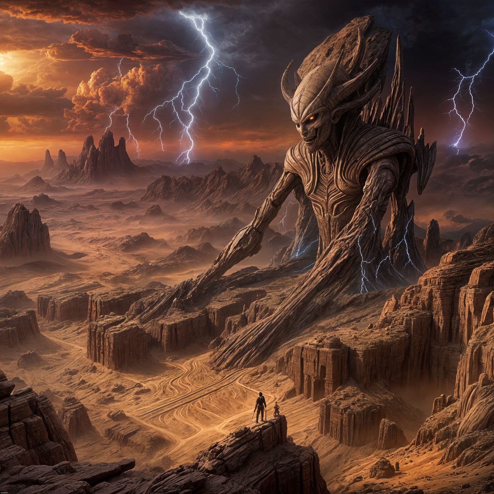 Alien God Judges Mortals in Stormy Desert Landscape