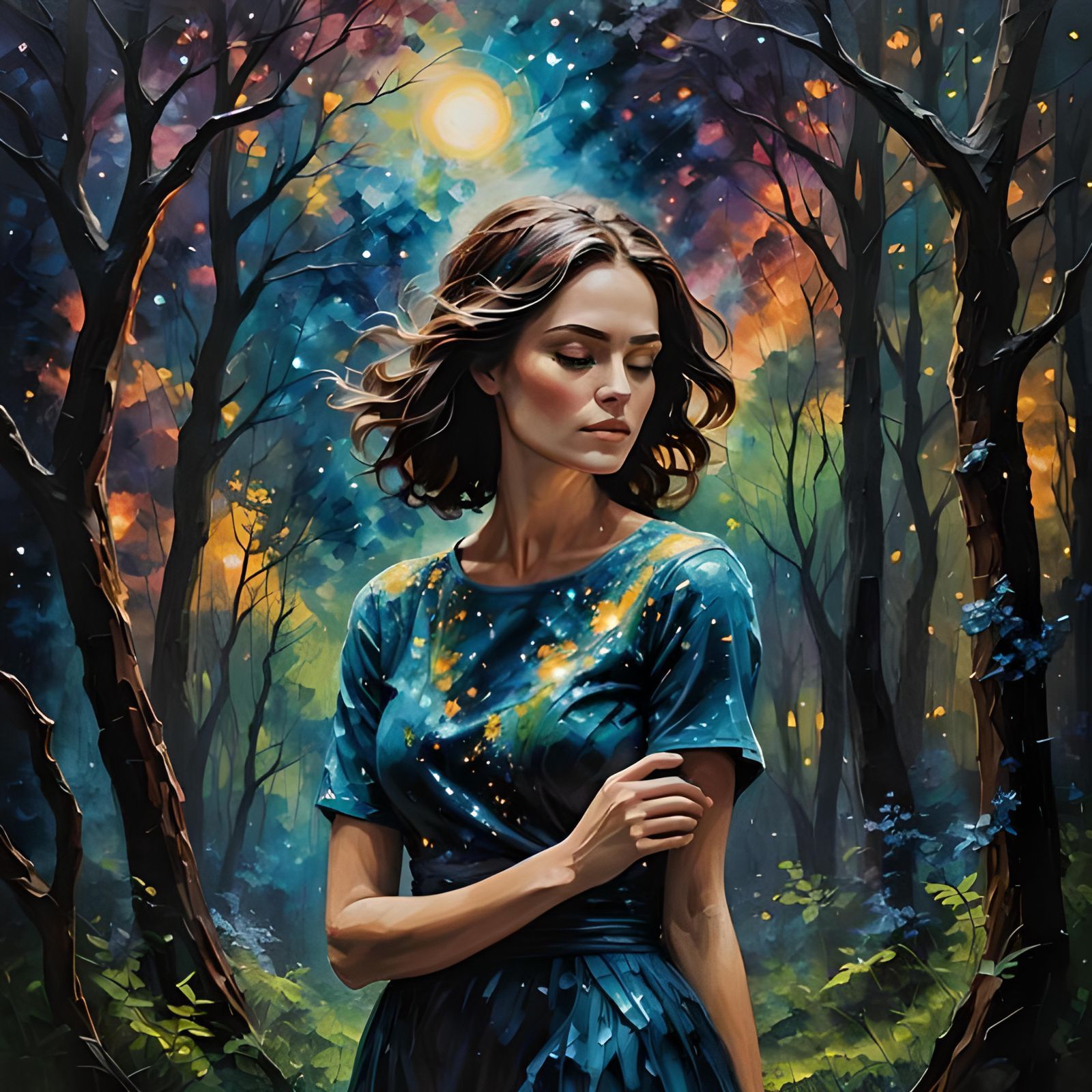 Nebula Night: Impasto Painting of Woman in Forest