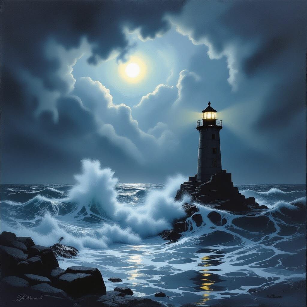 Dramatic Stormy Sea at Night in Black and White