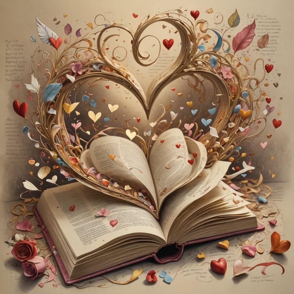 Love Book with Flying Heart Pages in Art Nouveau