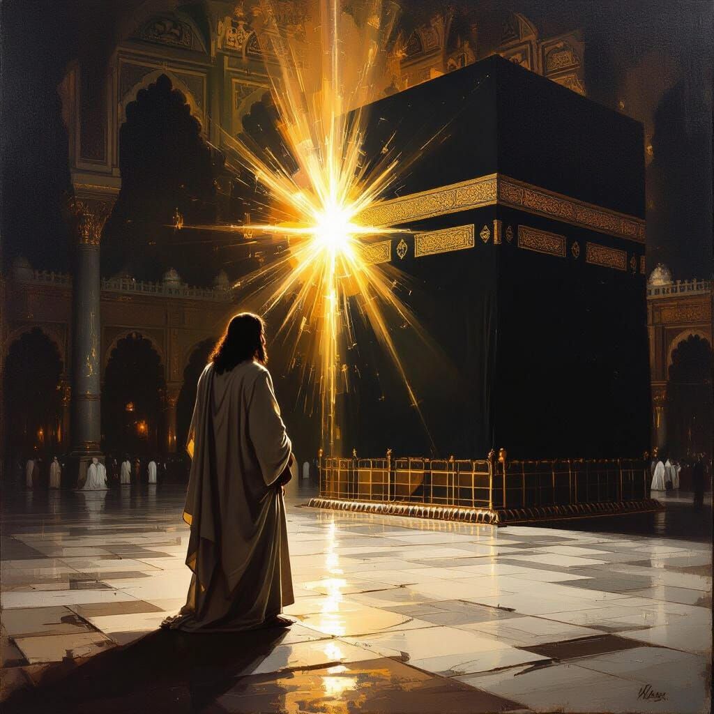 Jesus Before Kaaba: Emotive Oil Painting Scene
