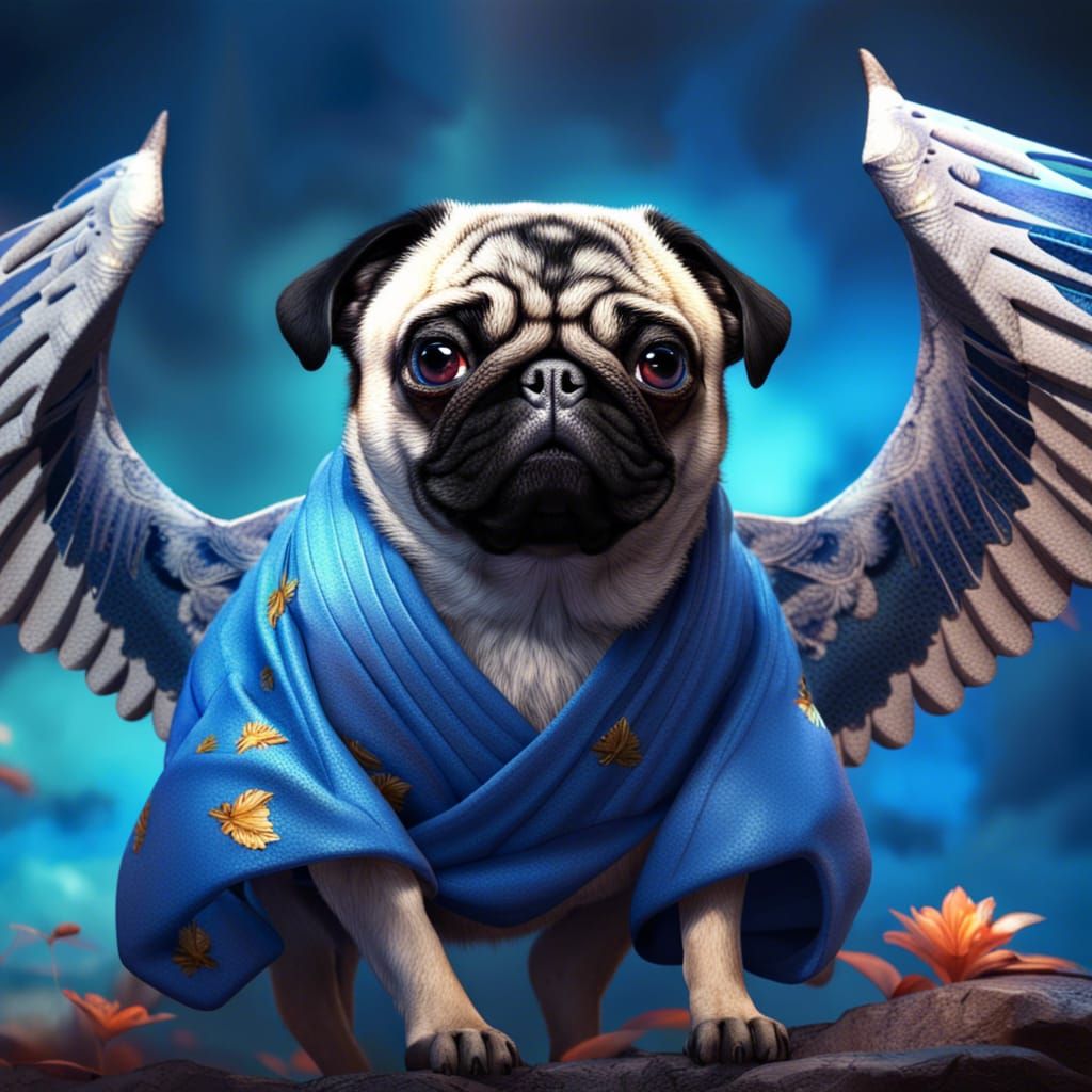Winged Pug in Kimono: Hyperrealistic CGI Creature