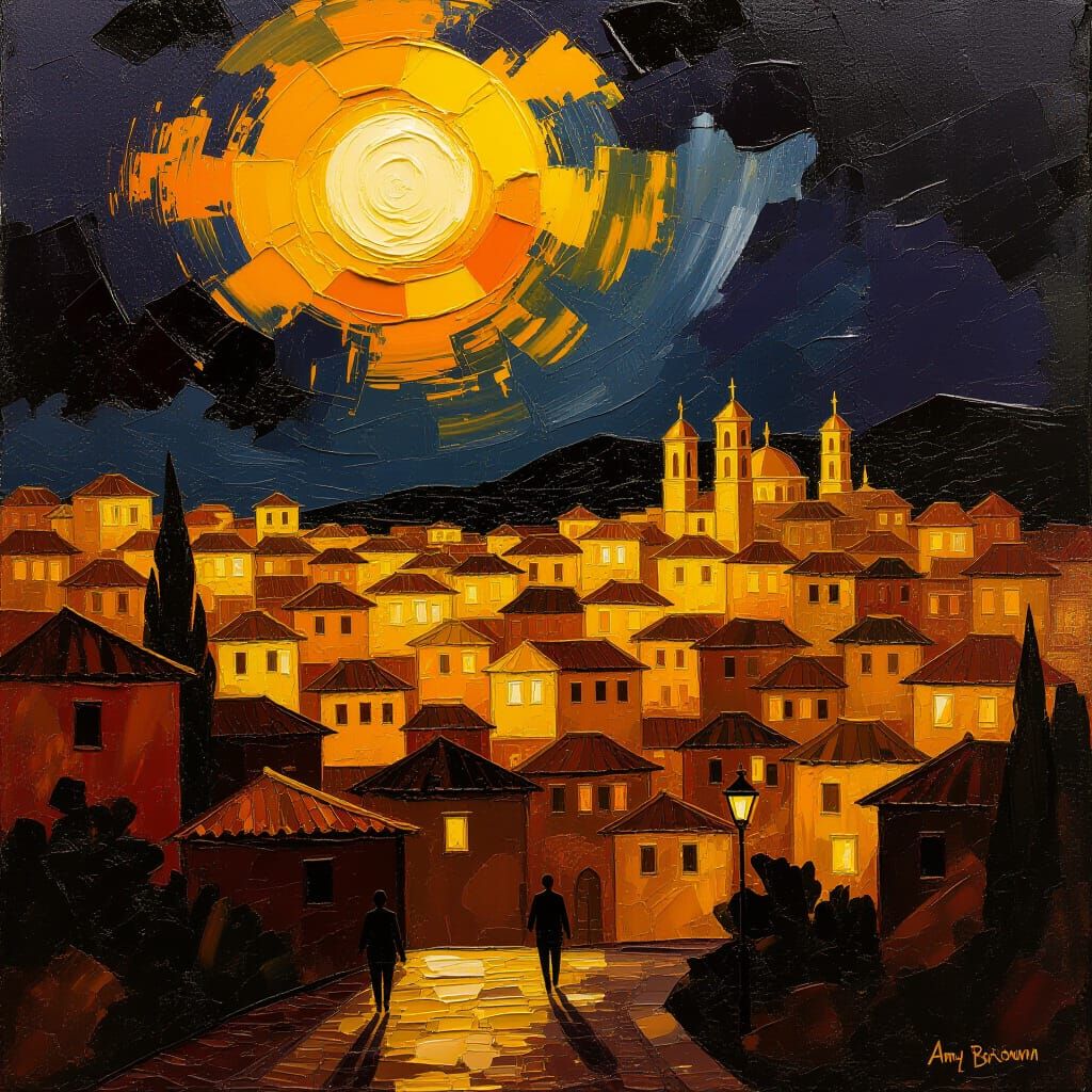 Golden Cityscape Impasto Painting in Dramatic Light