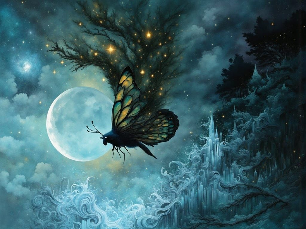 Fantastical Butterfly Emerges from Dark Mystical Forest