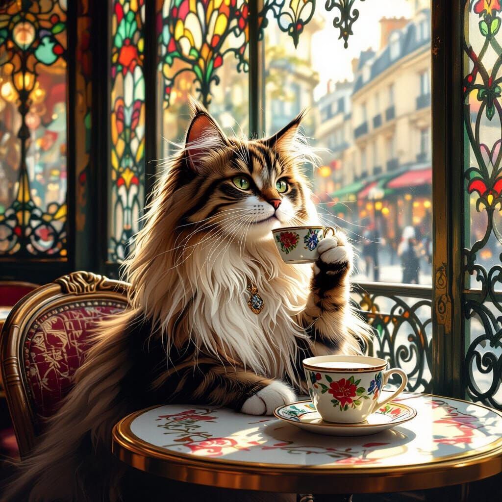 Elegant Cat Sipping Milk in Art Nouveau Cafe