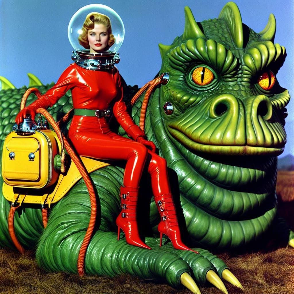 Retro Sci-Fi Beauty Riding a Green Alien Beast