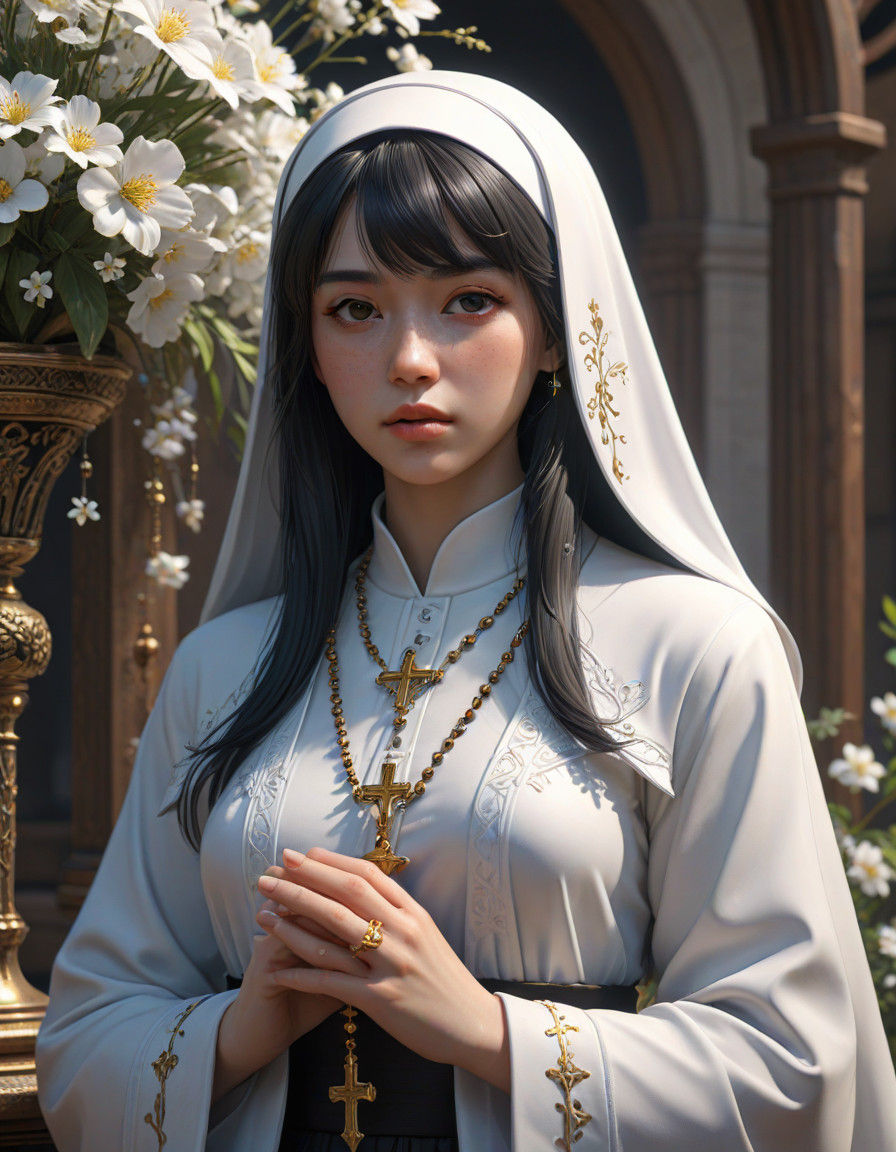 A Serene Anime Nun in Angelic Attire