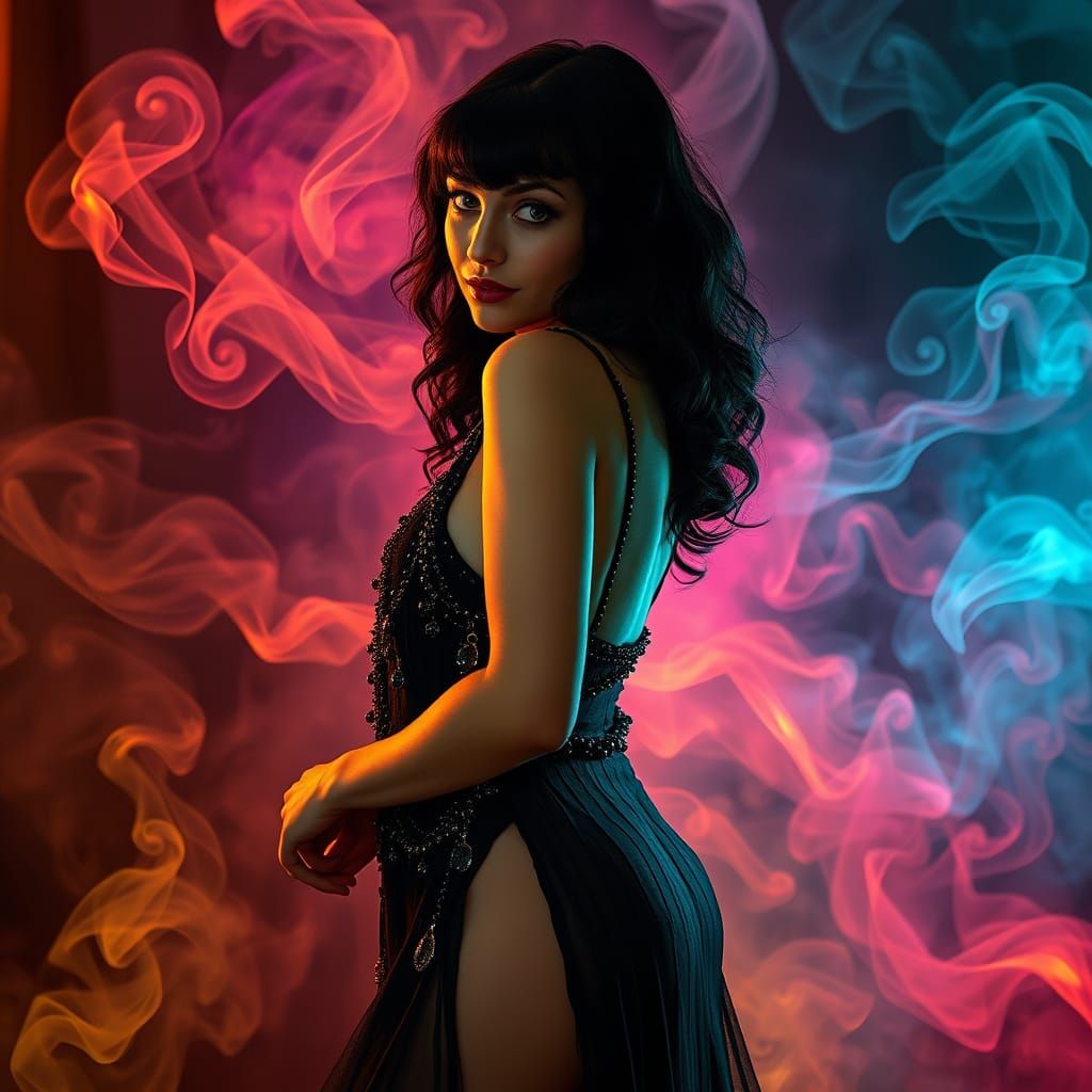 Goth Goddess Enshrouded in Swirling Smoke