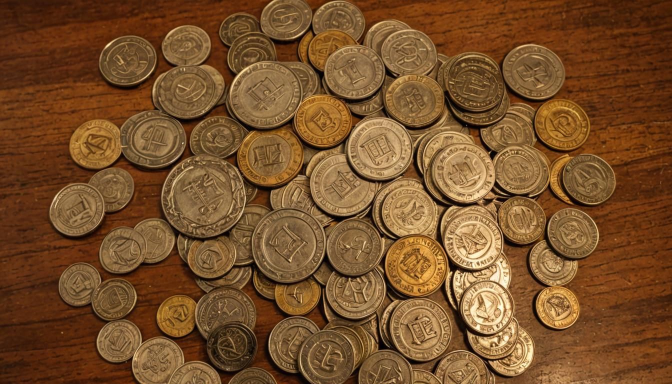 Metal Coins on Wooden Table, Hyperrealistic HDR
