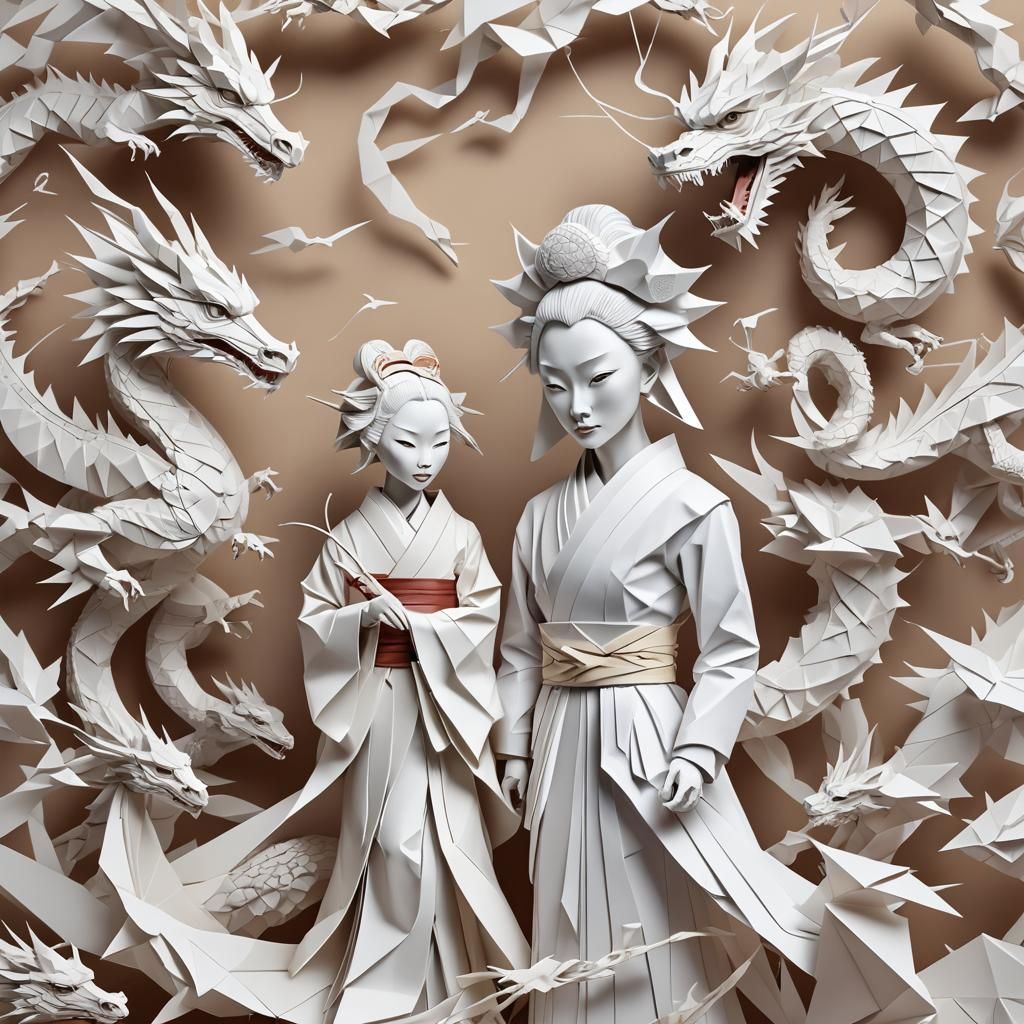 Albino Geisha and Dragon Origami Papercraft