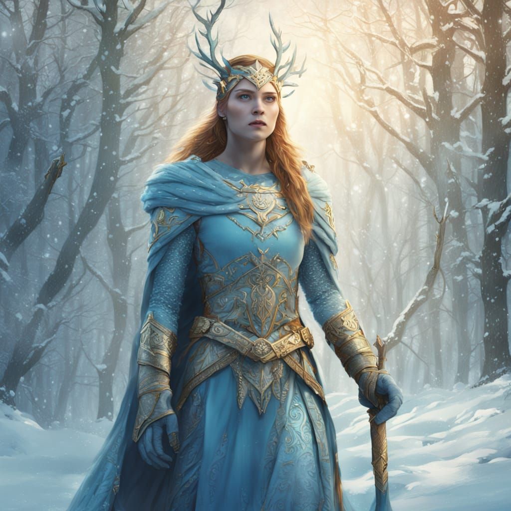 Goddess Skadi in Snowy Forest: Digital Art