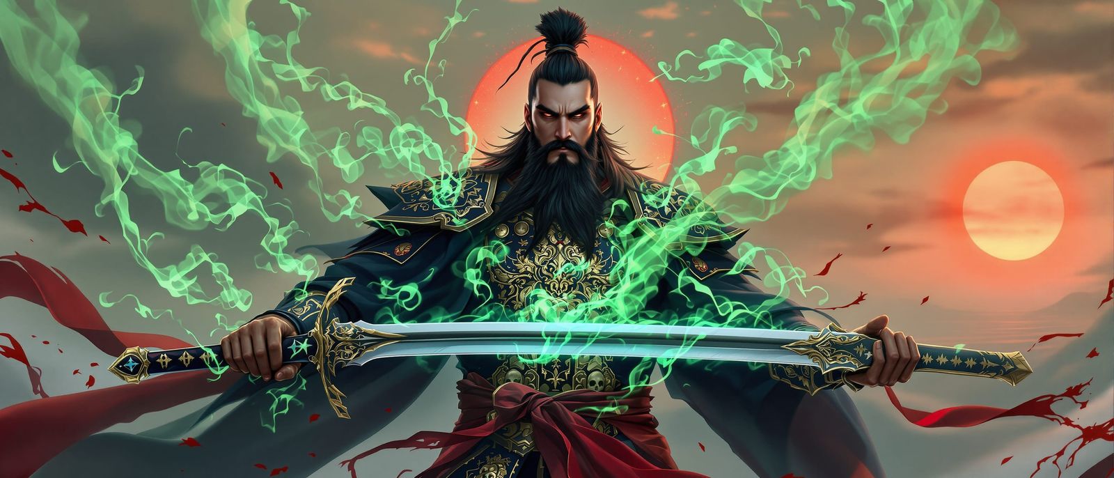 Asian Warrior Grips Glowing Sword in Ukiyo-e Style