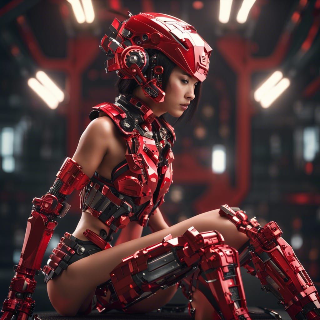 Cyberpunk Asian Woman in Red Armor