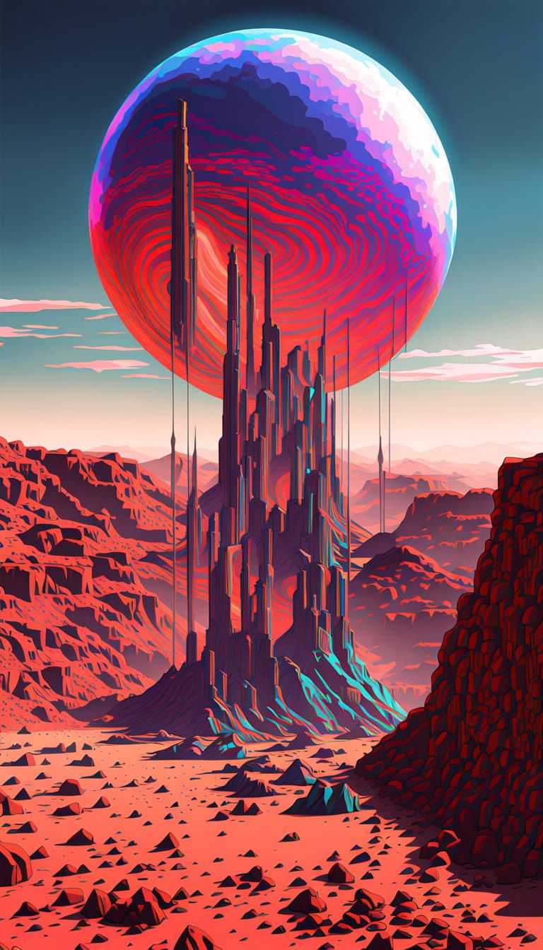 Futuristic Chrome City in Martian Canyon, Digital Art
