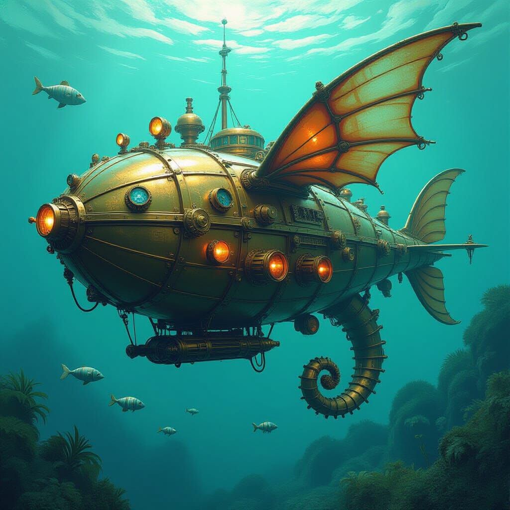 Steampunk Seahorse Airship in Underwater Kelp Forest