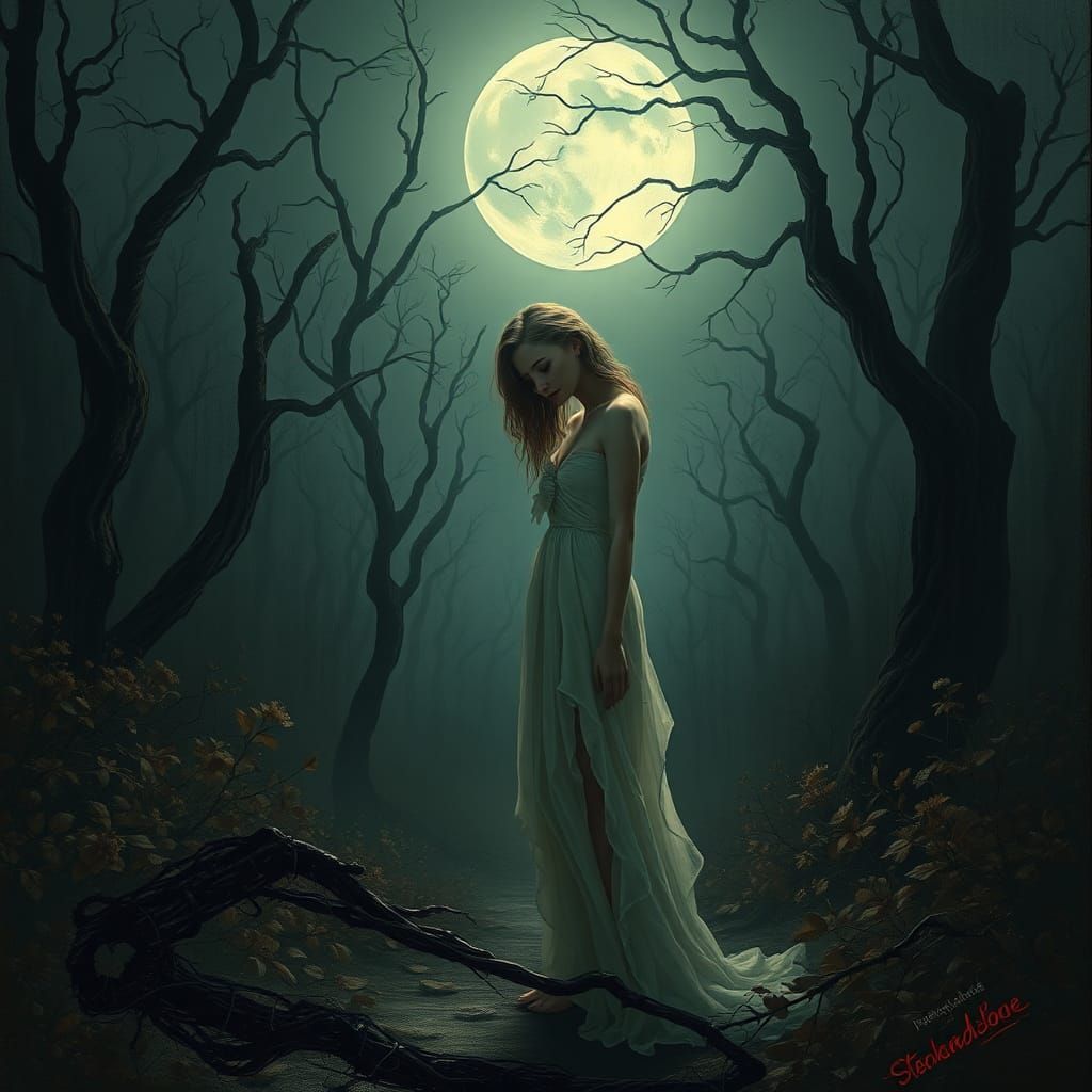 Ethereal Woman in Moonlit Forest, Surreal Dreamscape