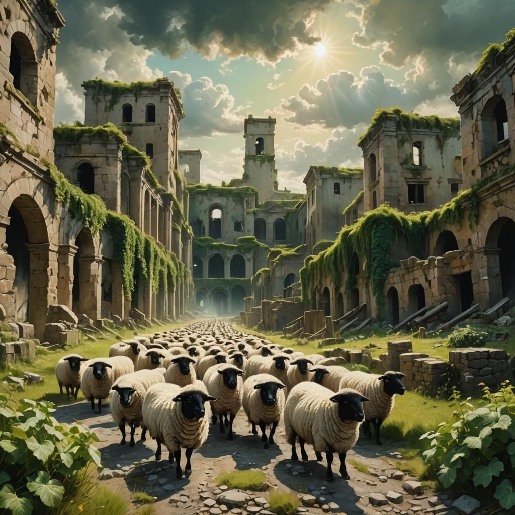 Surreal Sheep Herd in Abandoned Metropolis