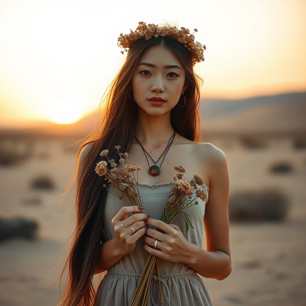Desert Sunset: Japanese Woman with Wildflowers