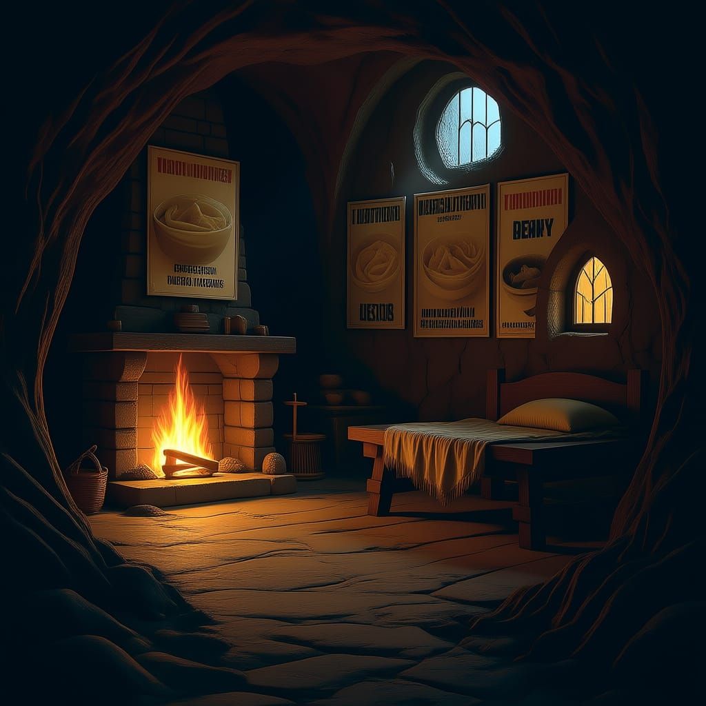 Cozy Cave Bedroom with Fireplace and Workbench