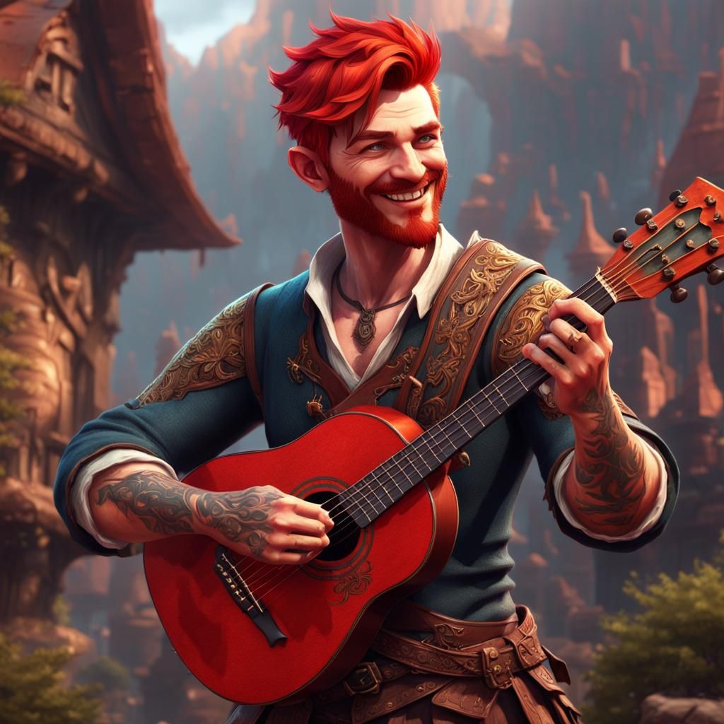 Happy Halfling Bard with Guitar, Fantasy Concept Art
