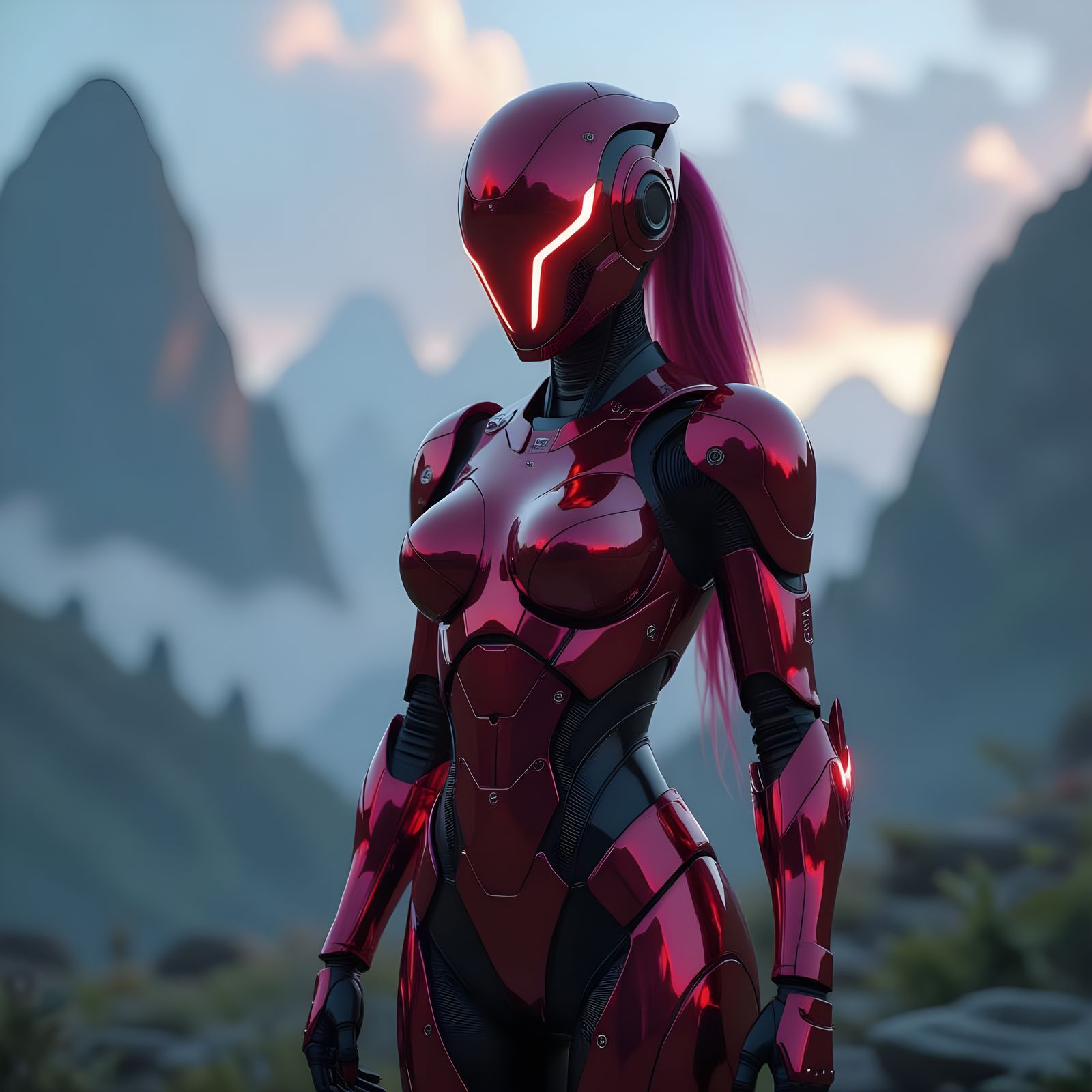 Scarlet Cybernetic Humanoid in Dreamlike Landscape