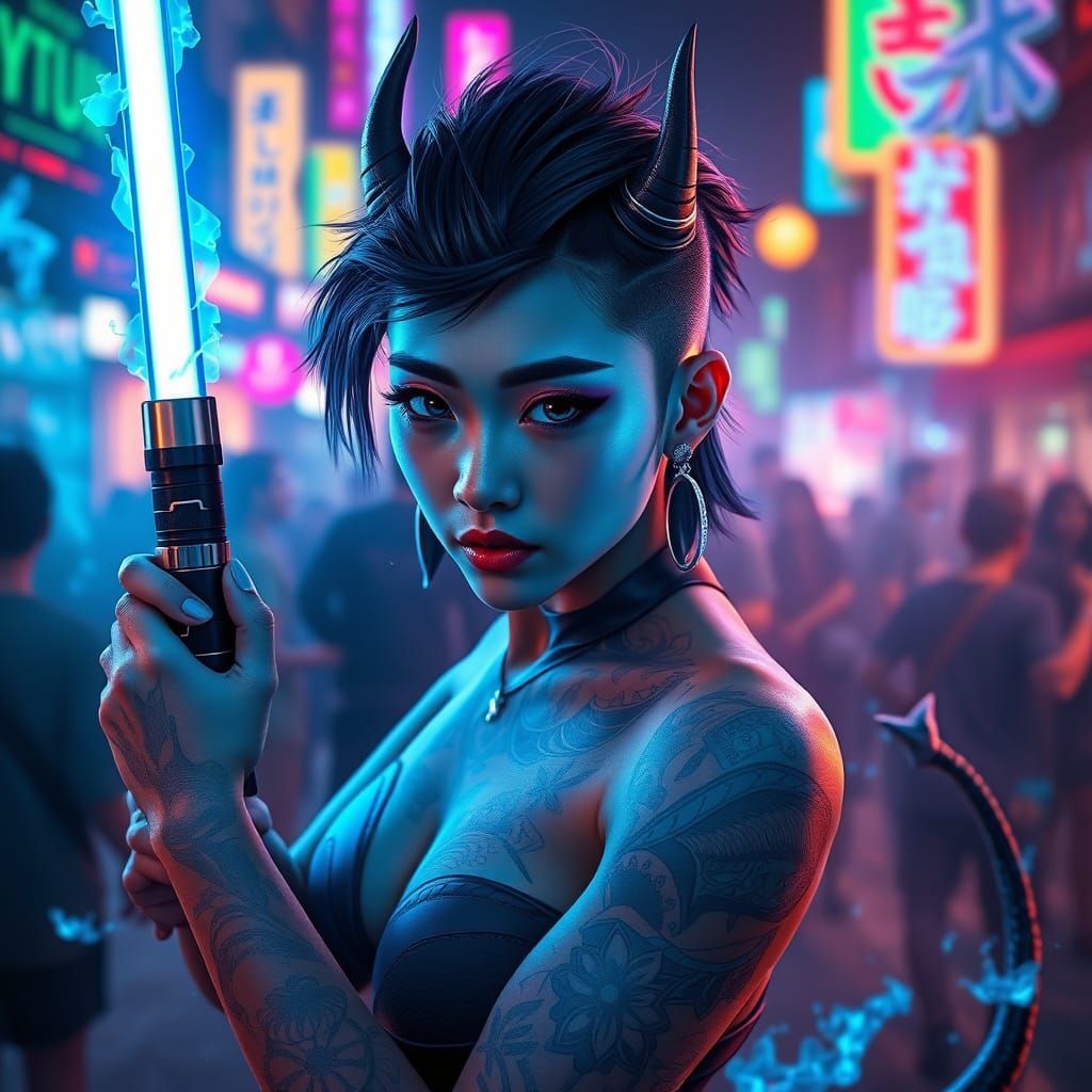 Asian Demonic Girl Wields Black Lightsabers in Vibrant Night...