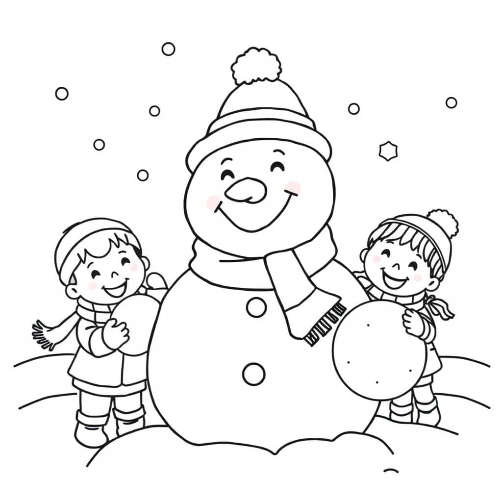 A black and white coloring book page featuring a smiling sno...