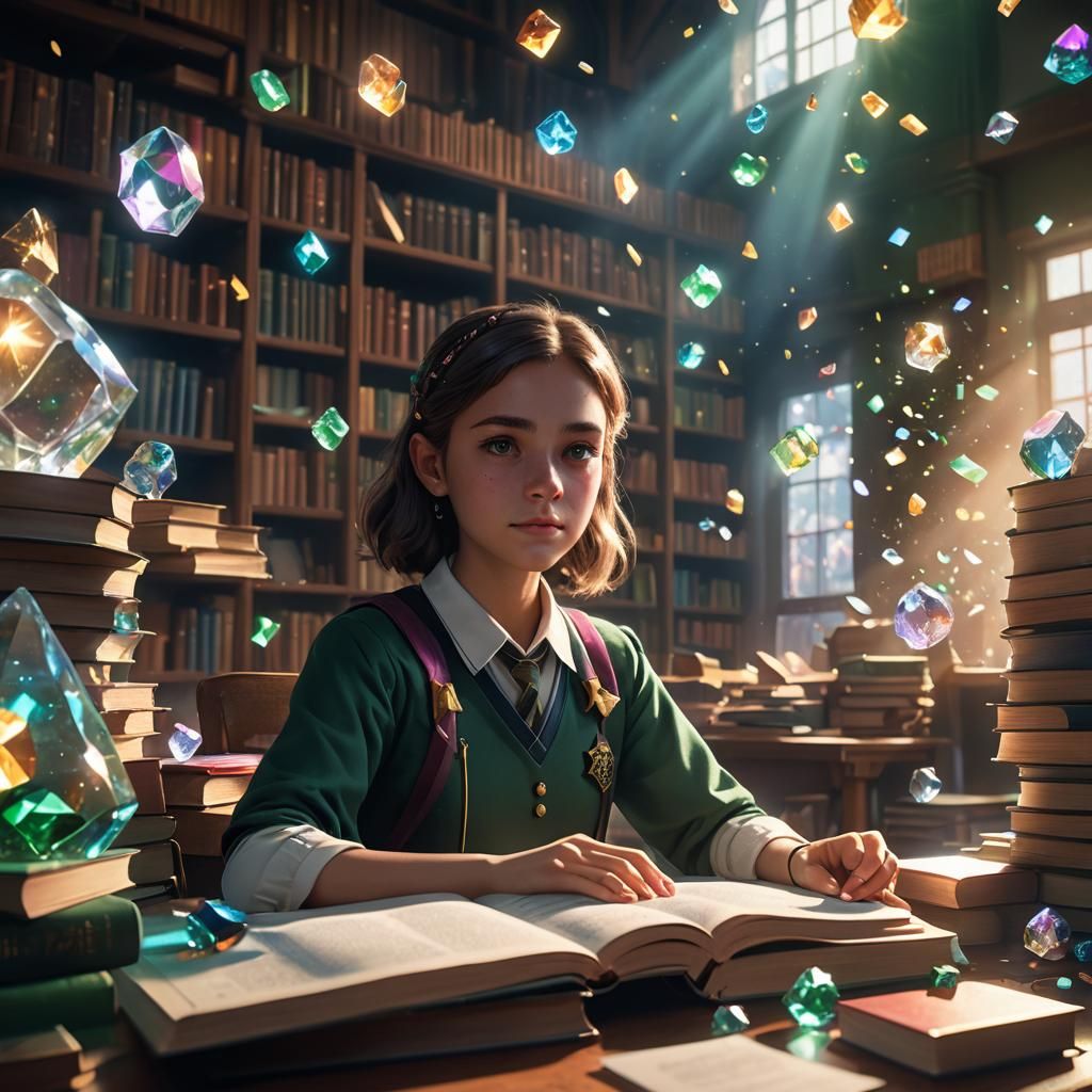 Girl at Desk Surrounded by Floating Books