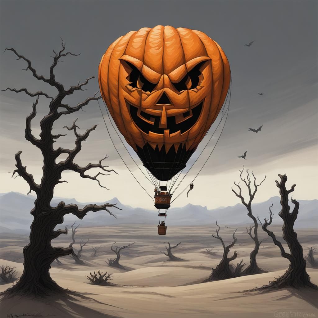 Jack-o-Lantern Balloon Over Desert Landscape