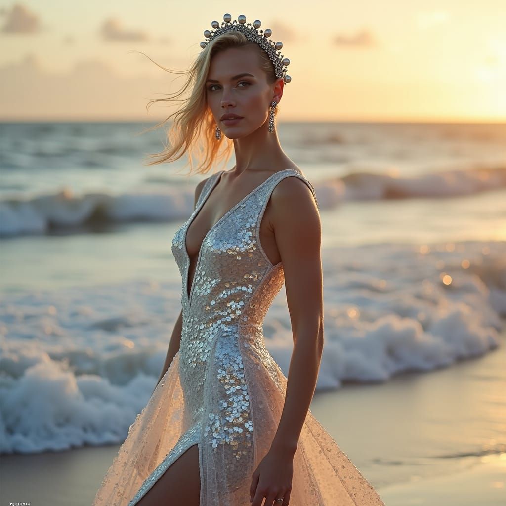 Woman in Pearl Headpiece on Windswept Beach
