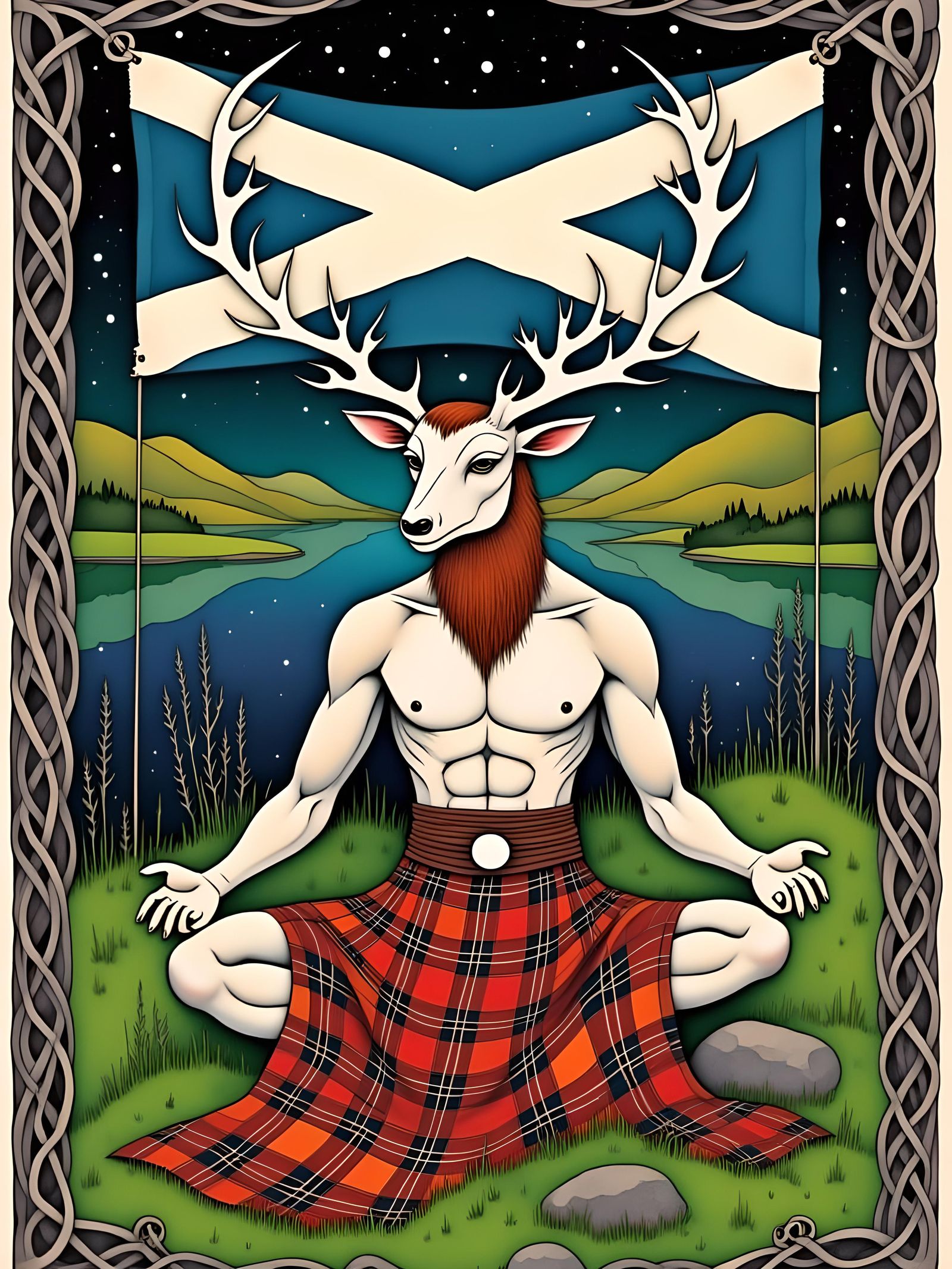 Cernunnos Meditates by Loch Under Scottish Flag