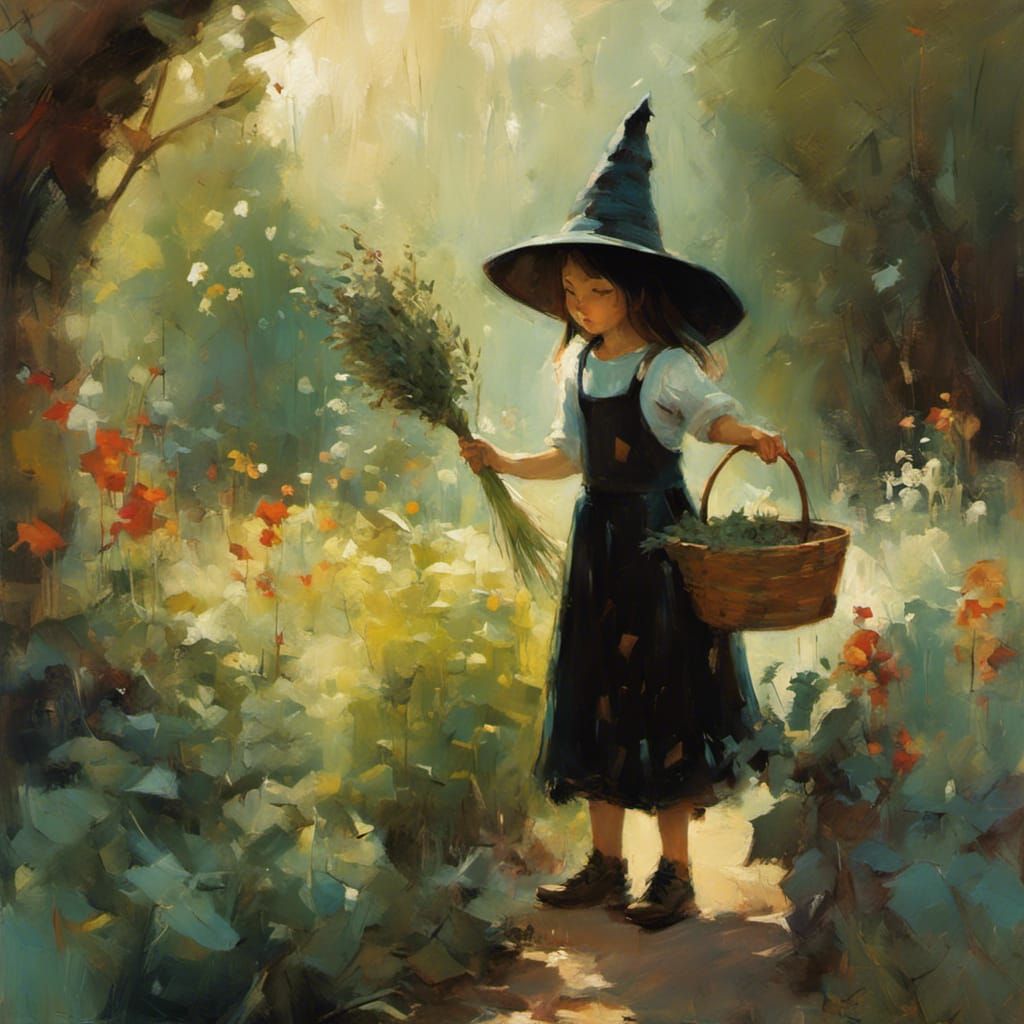 Whimsical Witch in Magical Garden, Surrealist Art