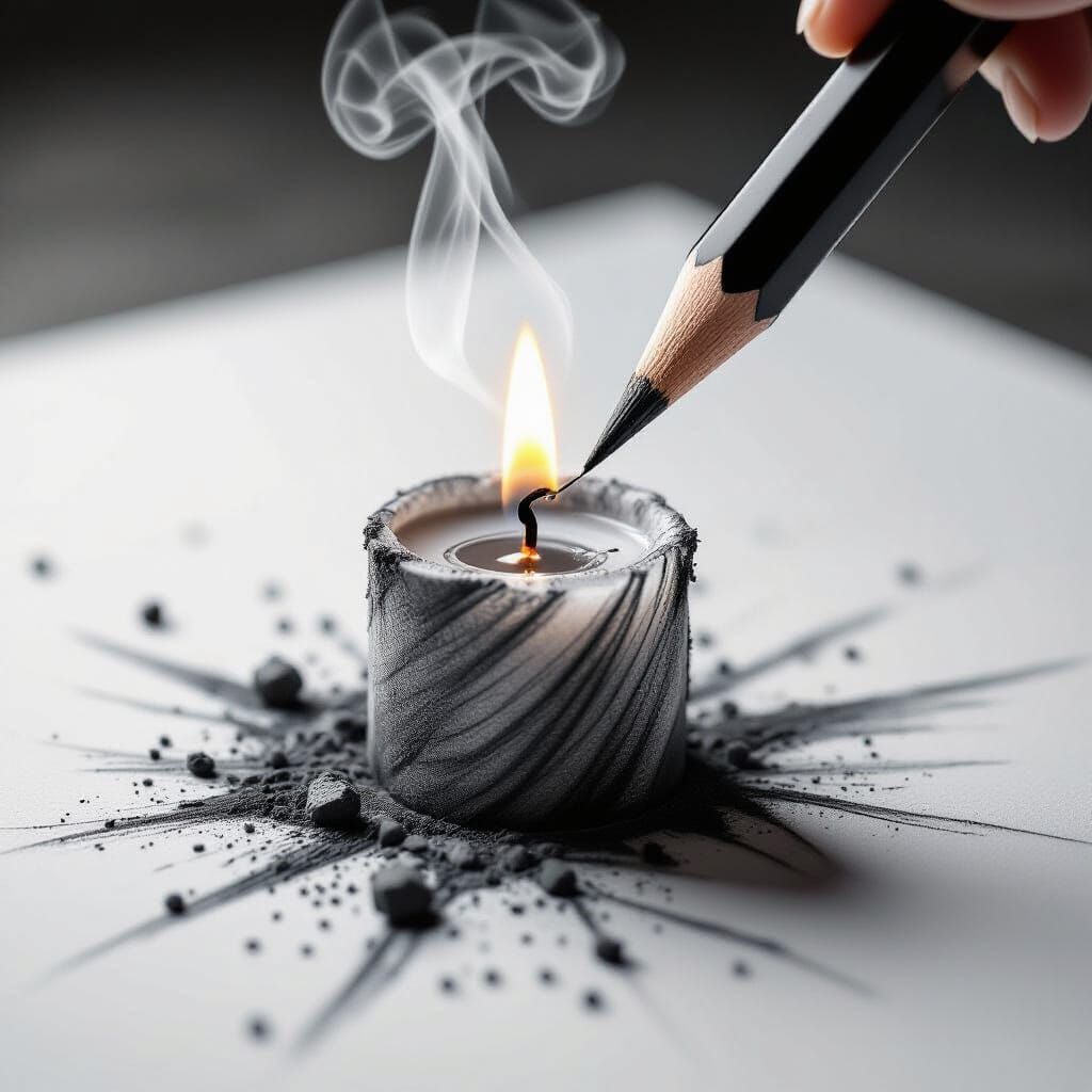 Macro Realism: Pencil Sketches a Candle with Swirling Smoke