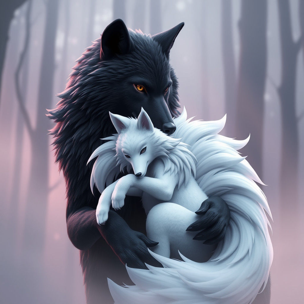 Majestic Wolf Interacts with a Mystical Kitsune in a Serene...