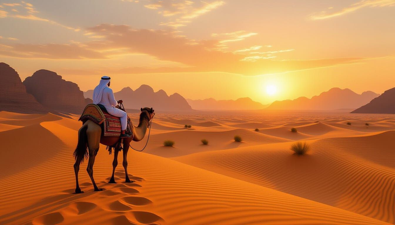 Majestic Camel in UAE Desert at Sunset, Photorealistic