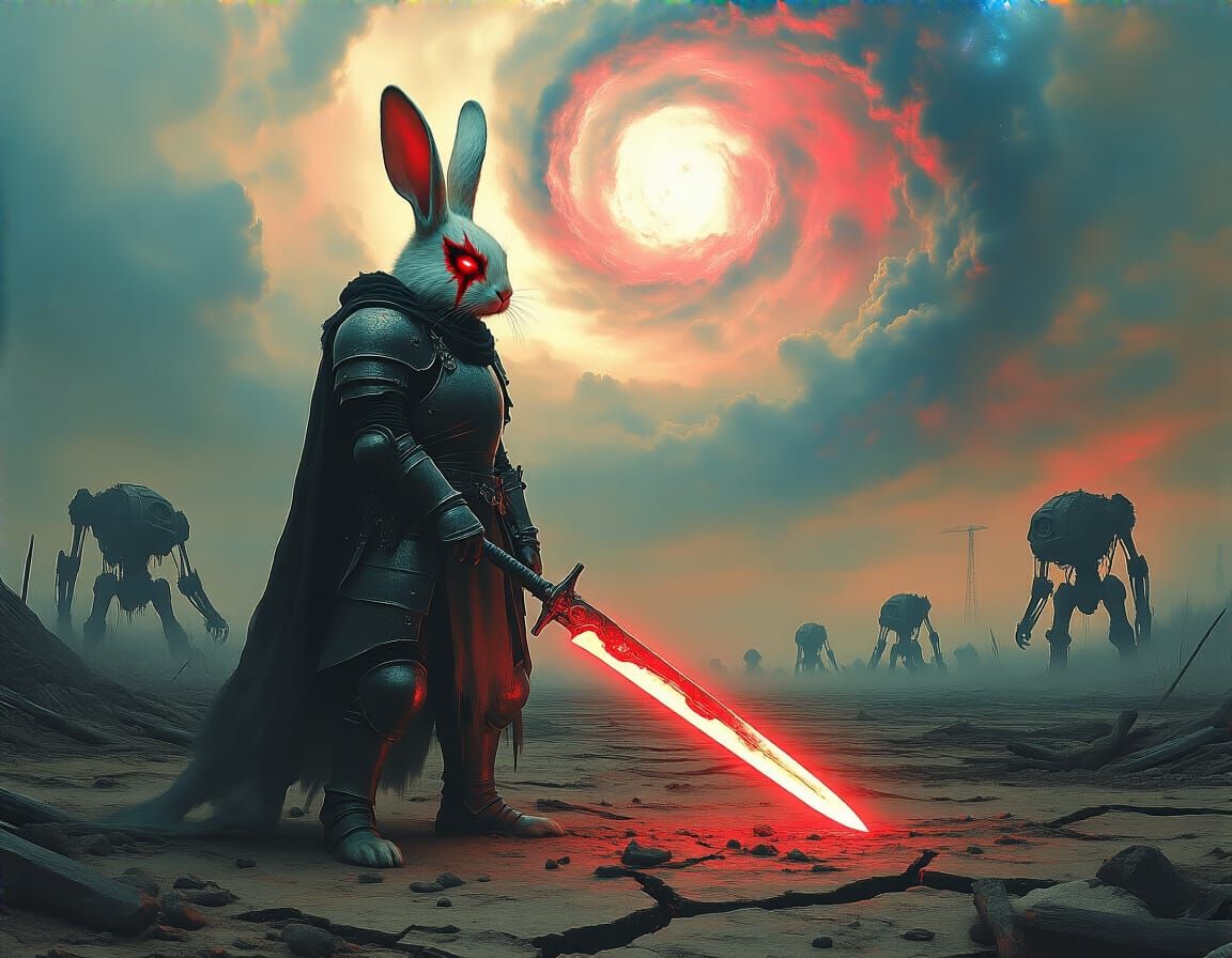 Armored Rabbit Warrior on Post-Apocalyptic Battlefield