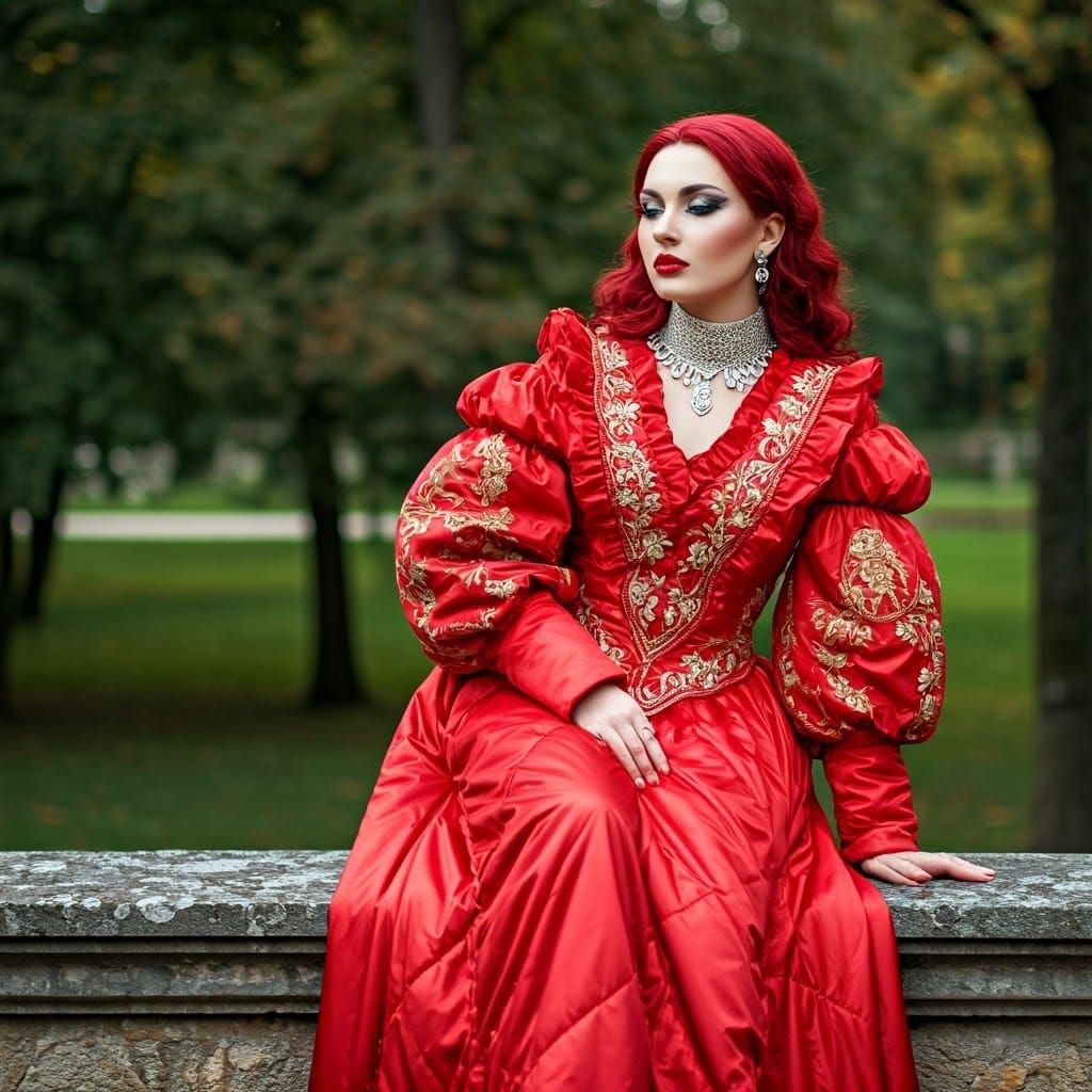 Woman in Red Puffer Suit with Gold Embroidery