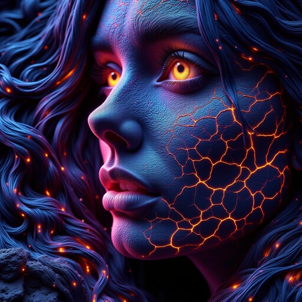 Woman Portrait with Glowing Cracks and Lava Texture