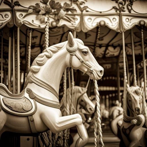 Carousel Horse Covered in Vines: Vintage Sepia Photo