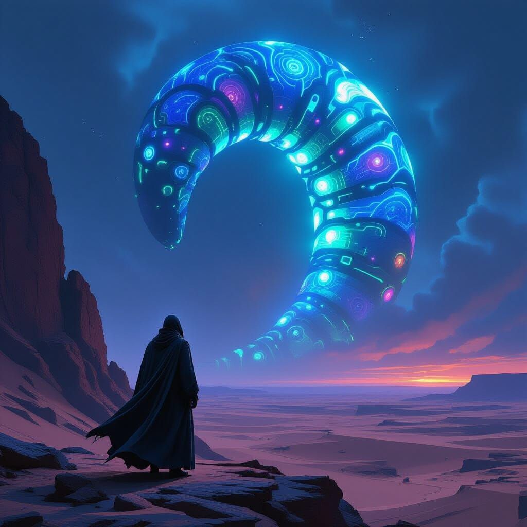 Bioluminescent Sandworm Emerges in Alien Desert Landscape
