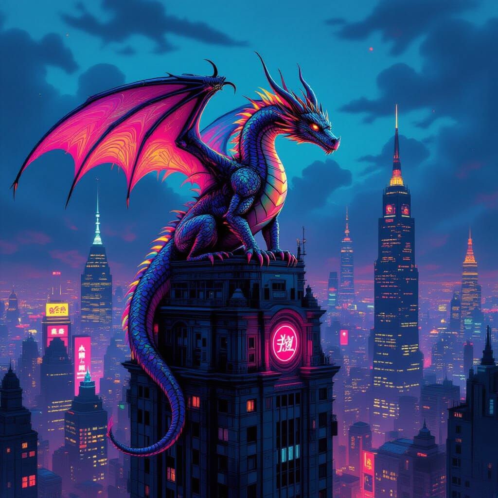 Neon Dragon Perched on Retro-Futuristic Skyscraper