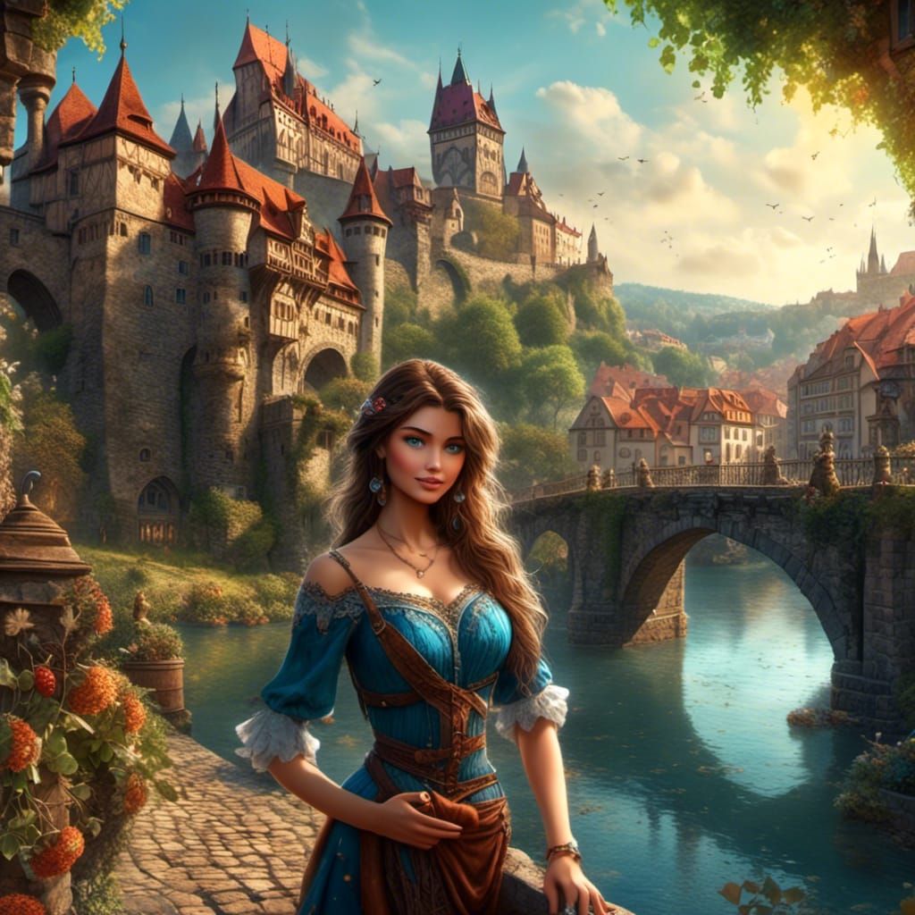 Voluptuous Woman in Prague: Detailed Matte Painting
