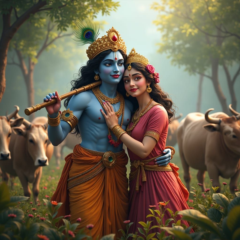 Lord Krishna with Flute in Lush, Vibrant Environment