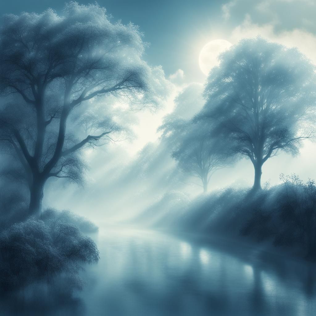Ethereal Blue Landscape with Sunshine Beams