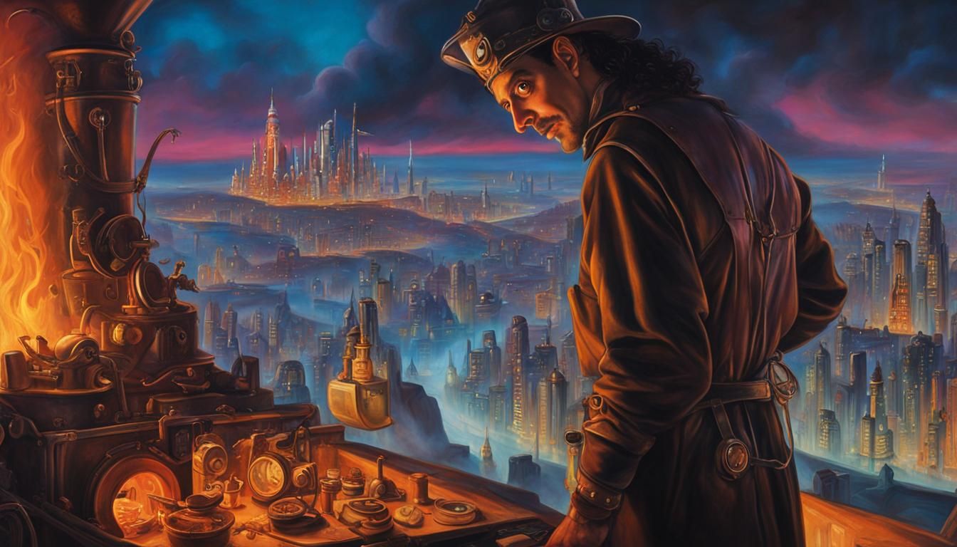 Medieval Boilermaker's Surreal Cityscape in Vibrant Oil Pain...