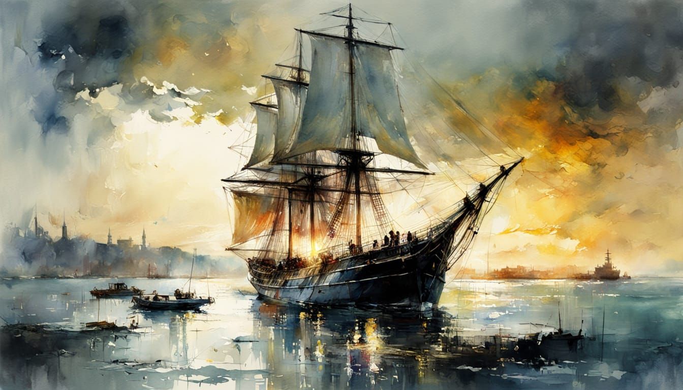 Medieval Sail Ship at Golden Hour in Impressive Watercolor S...