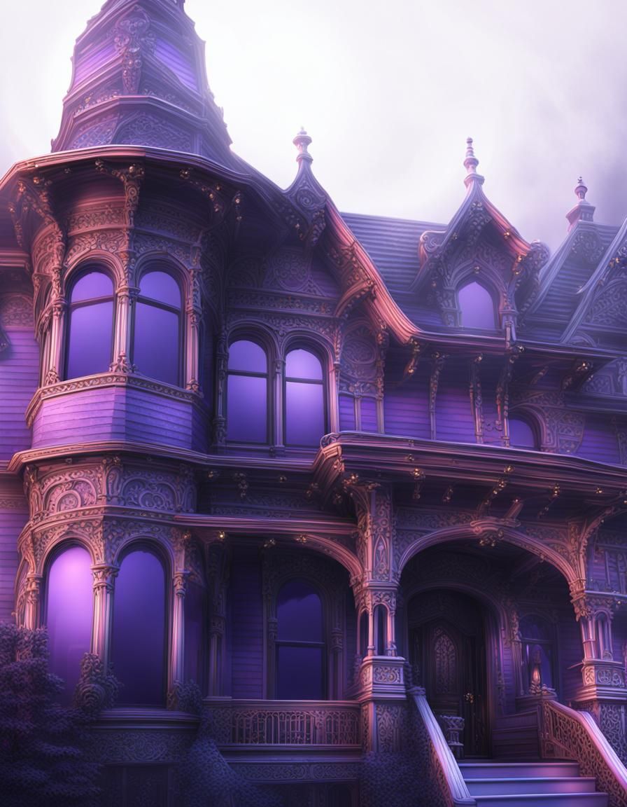 Purple Victorian house with Black trim& realistic vibes& victorian vibes& beautiful craftsmanship vibes& hyperdetailed i...