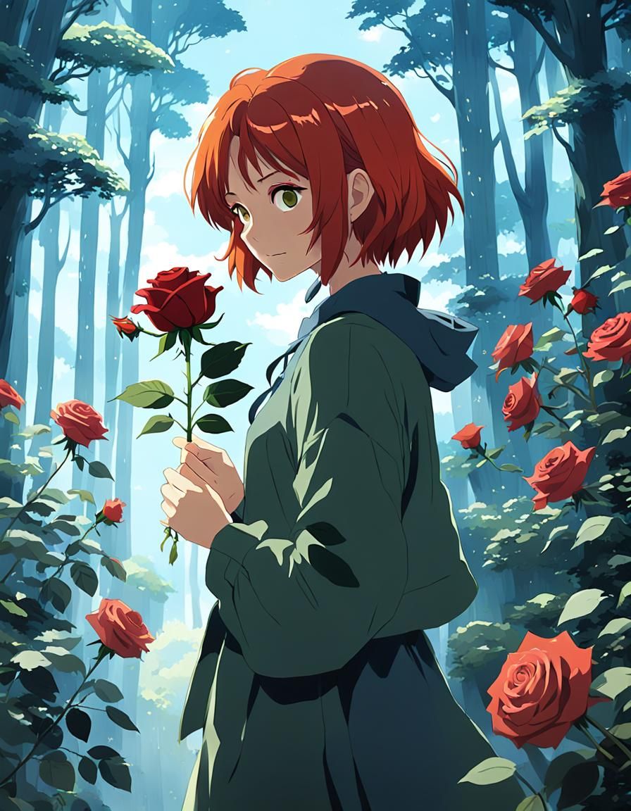 Anime Woman with Rose in Studio Ghibli Style