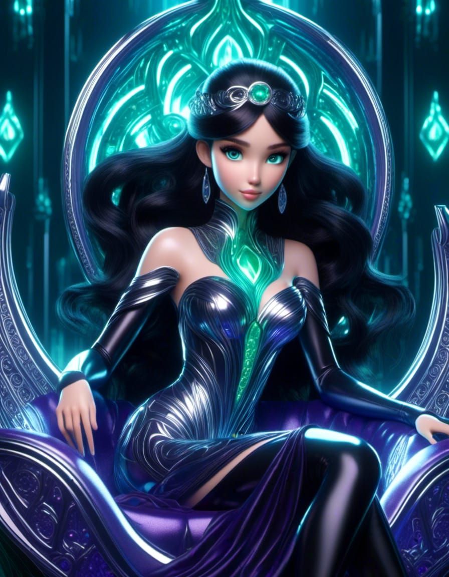 Anime smiling silver eyes princess with braided iridescent black hair wearing a dark purple and emerald green dress on a...